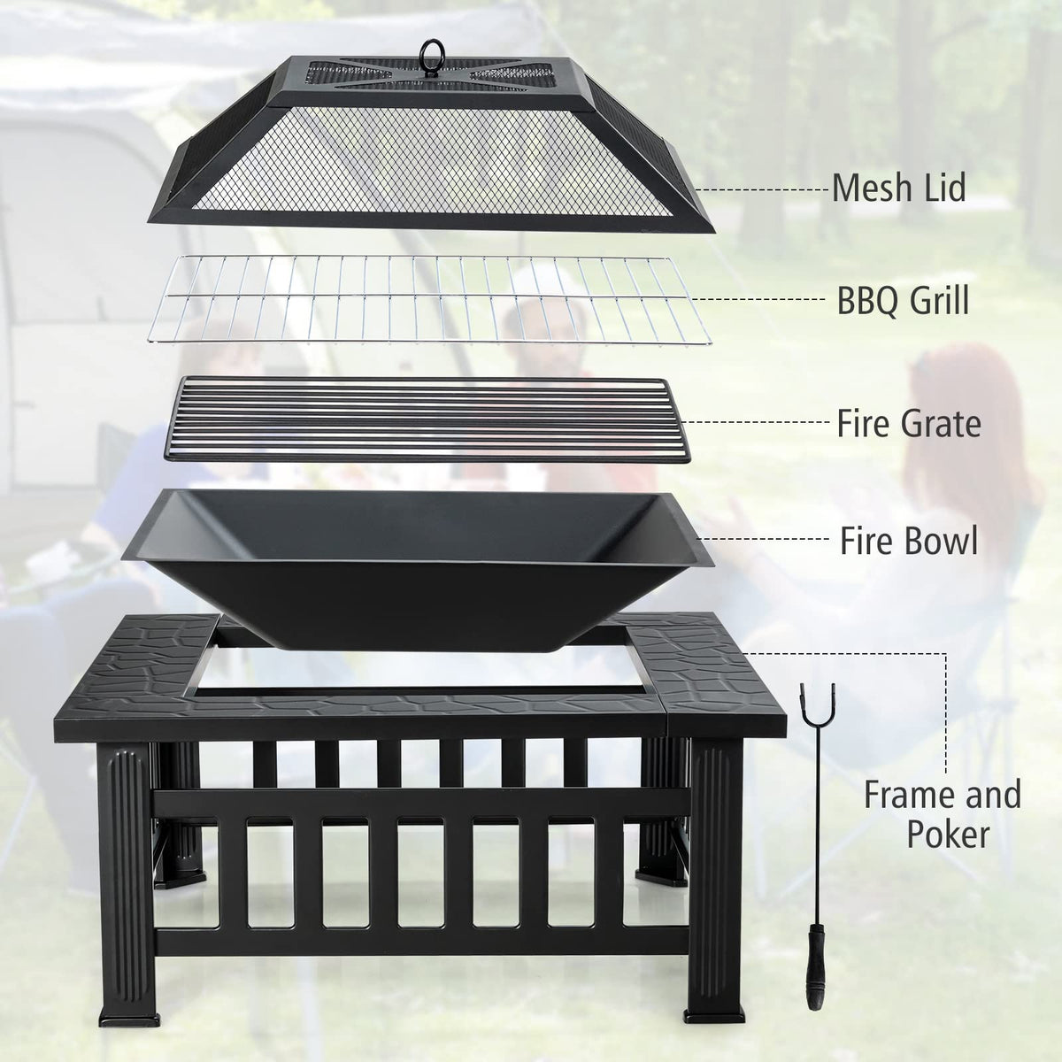 OFFICEJOY 32 inch Outdoor Fire Pit, 3 in 1 Bonfire Wood Burning Fire Pit Table with Spark Screen, BBQ Grill, Poker, Rain Cover, Log Grate, Metal Bonfire Stove Firepit for Outside Backyard Patio