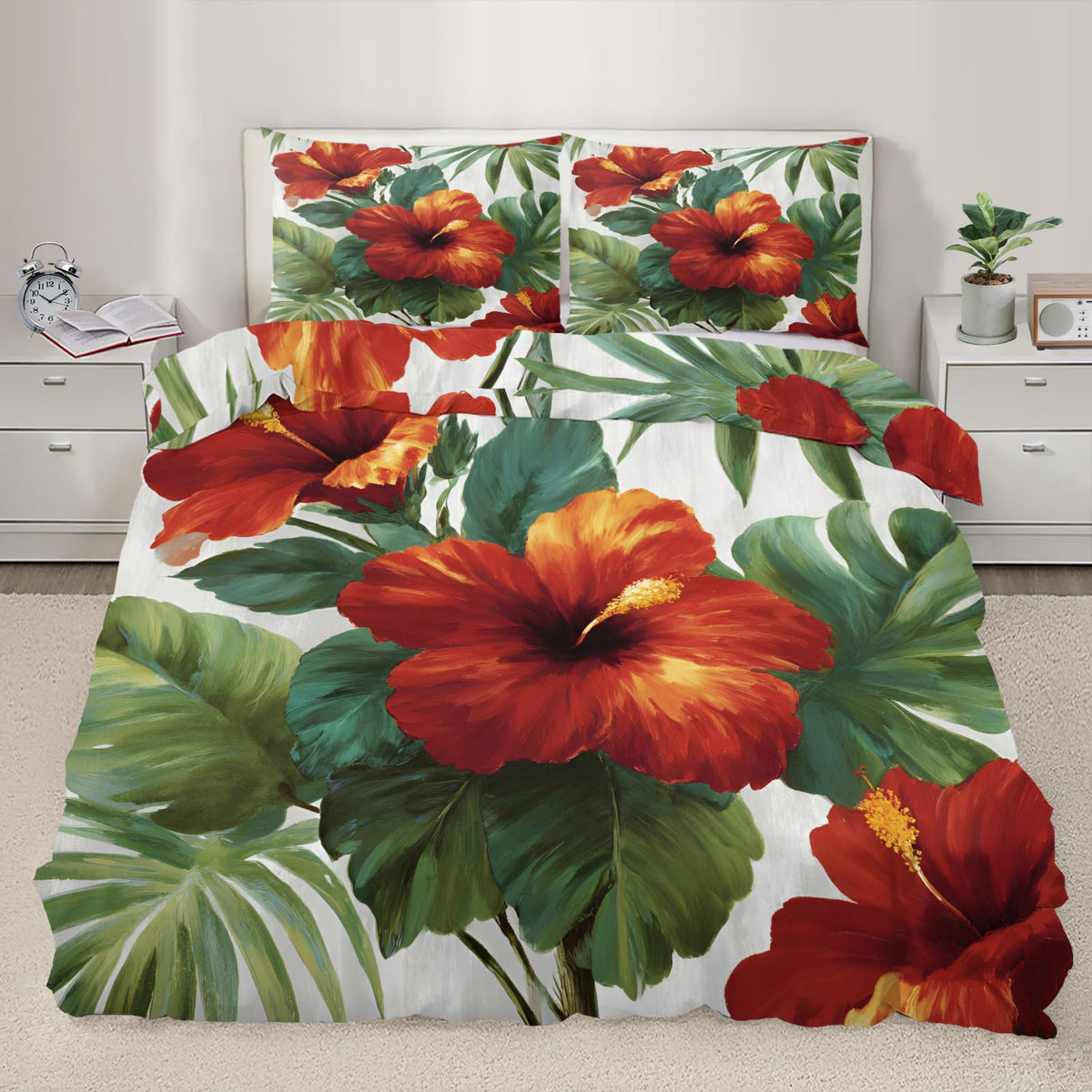 ZAMODE Floral Comforter Cover 104" x 90", Tropical Plants Hibiscus Bedding King Size, Hawaiian Summer Floral Duvet Cover with 2 Pillowcases