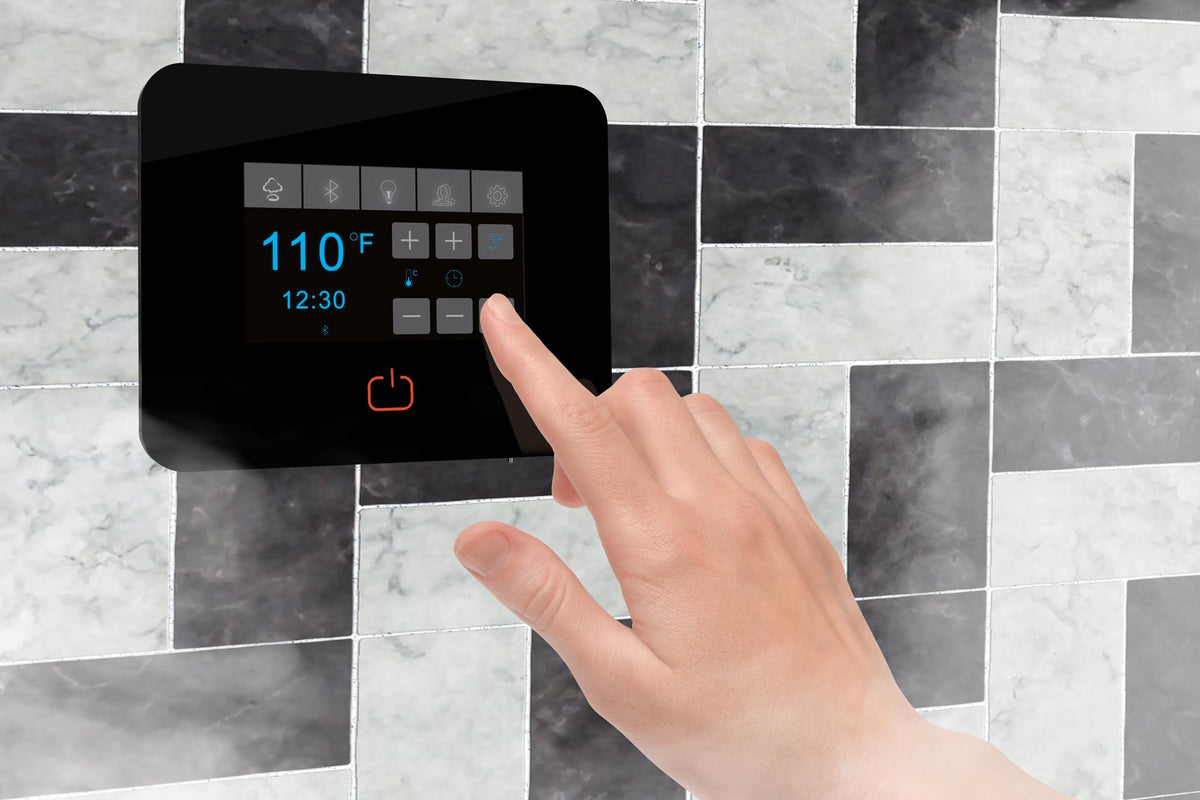 SaunaSpa Builders Series 12kW Steam Bath Generator with Quickstart Continuous Steam, Black Digital Touch Pad, Built-in Auto-Drain, and Aroma Steamhead in Brushed Nickel