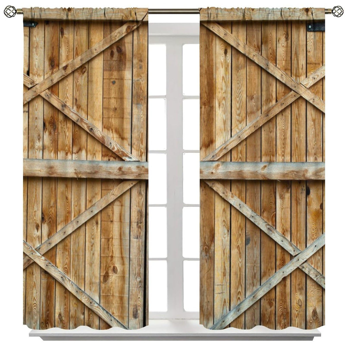 Wood Barn Door Decor Curtain, Natural Farmhouse Rustic Warm Double Wooden Door Pattern Print Rod Pocket Window Treatments, for Living Room Bedroom 42" W X 45" L
