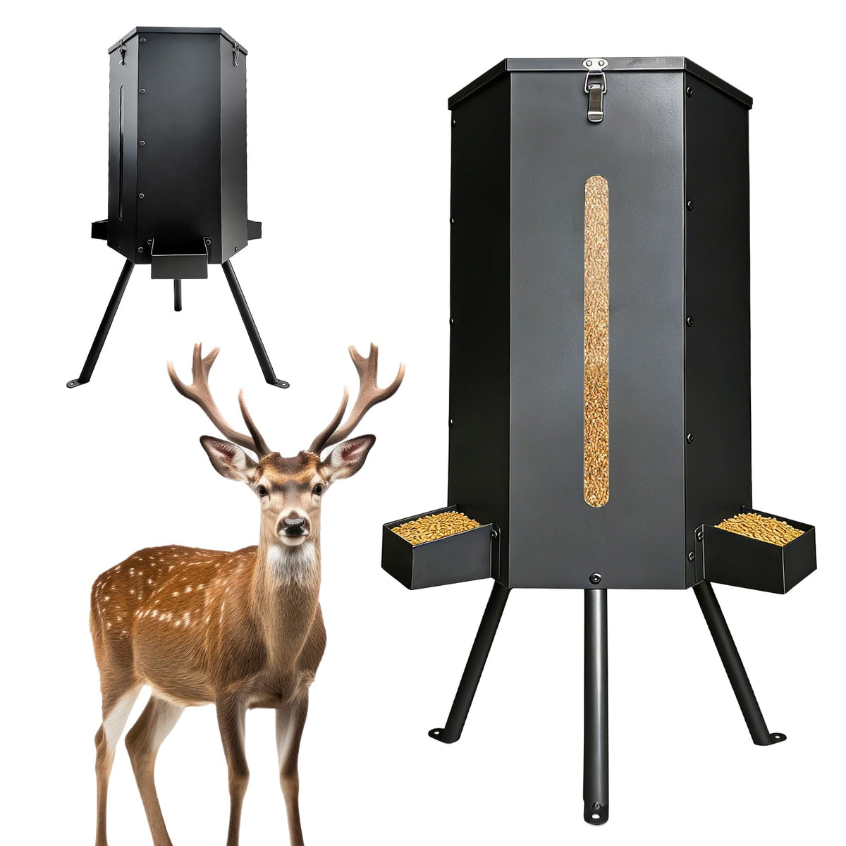 NULTRUMA 80 lbs Galvanized Steel Gravity Deer Feeder | Weatherproof & Anti-Rust Wildlife Game Feeder with 3 Feeding Trays & 3-Leg Stand | Automatic Corn Dispenser for Deer, Goats, Horses