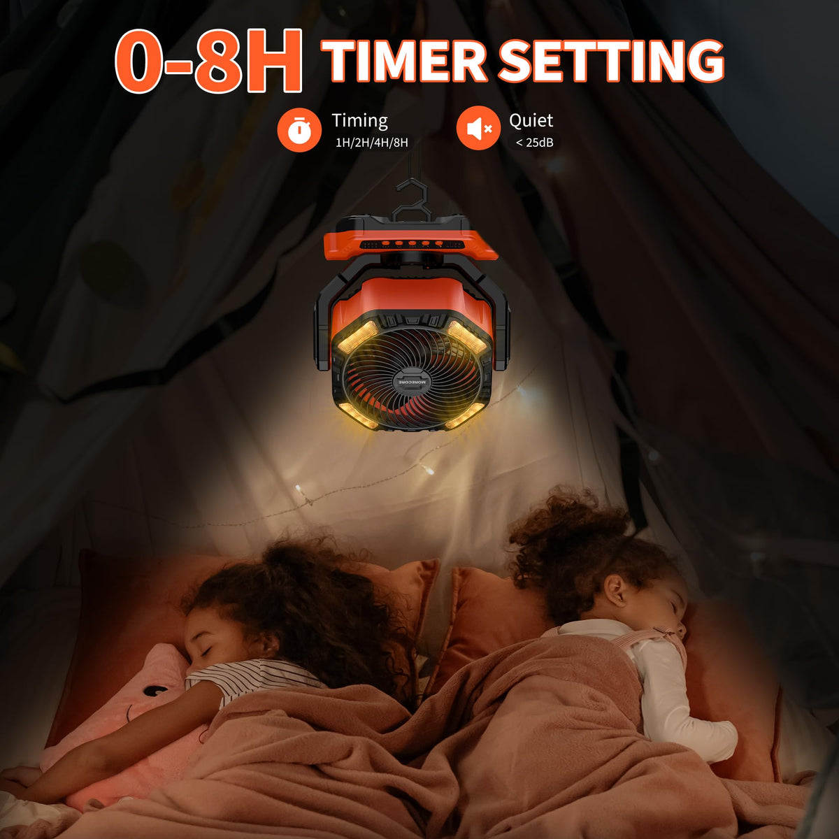 MORECORE 68HRS Running Camping Fan with Light, 20000mAh Battery Rechargeable, Powerful 4 Speeds & Auto Oscillating, with Timer & Hook, for Travel Tent RV Emergency Hurricane Jobsite Garage-Orange