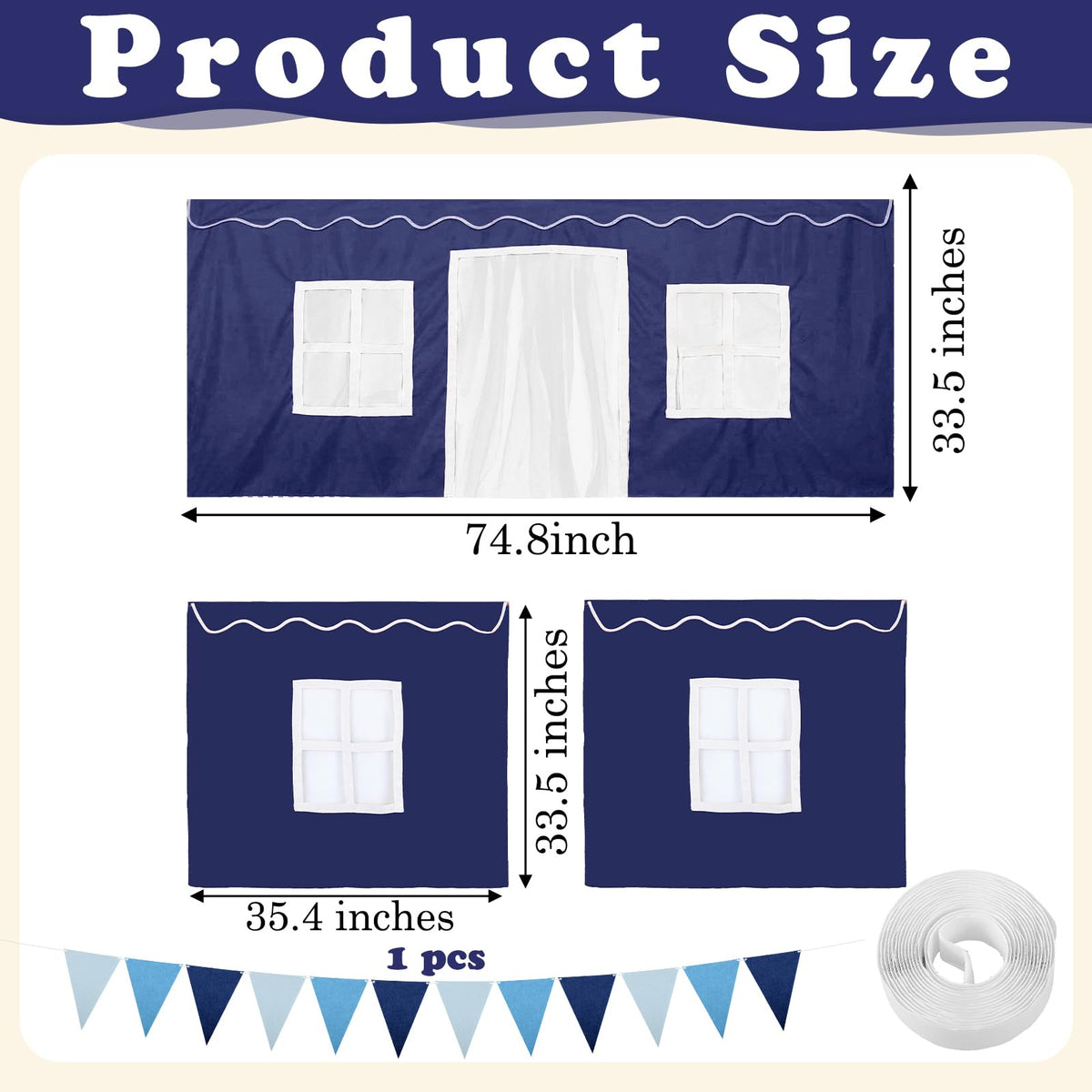 Breling 3 Panel Bunk Bed Curtains for Bottom Loft Bed Tent Set with Felt Flag Double-Layer Twin Bunk Curtains Playhouse Accessories for Boy Girl Bedroom(Blue and White,Classic)