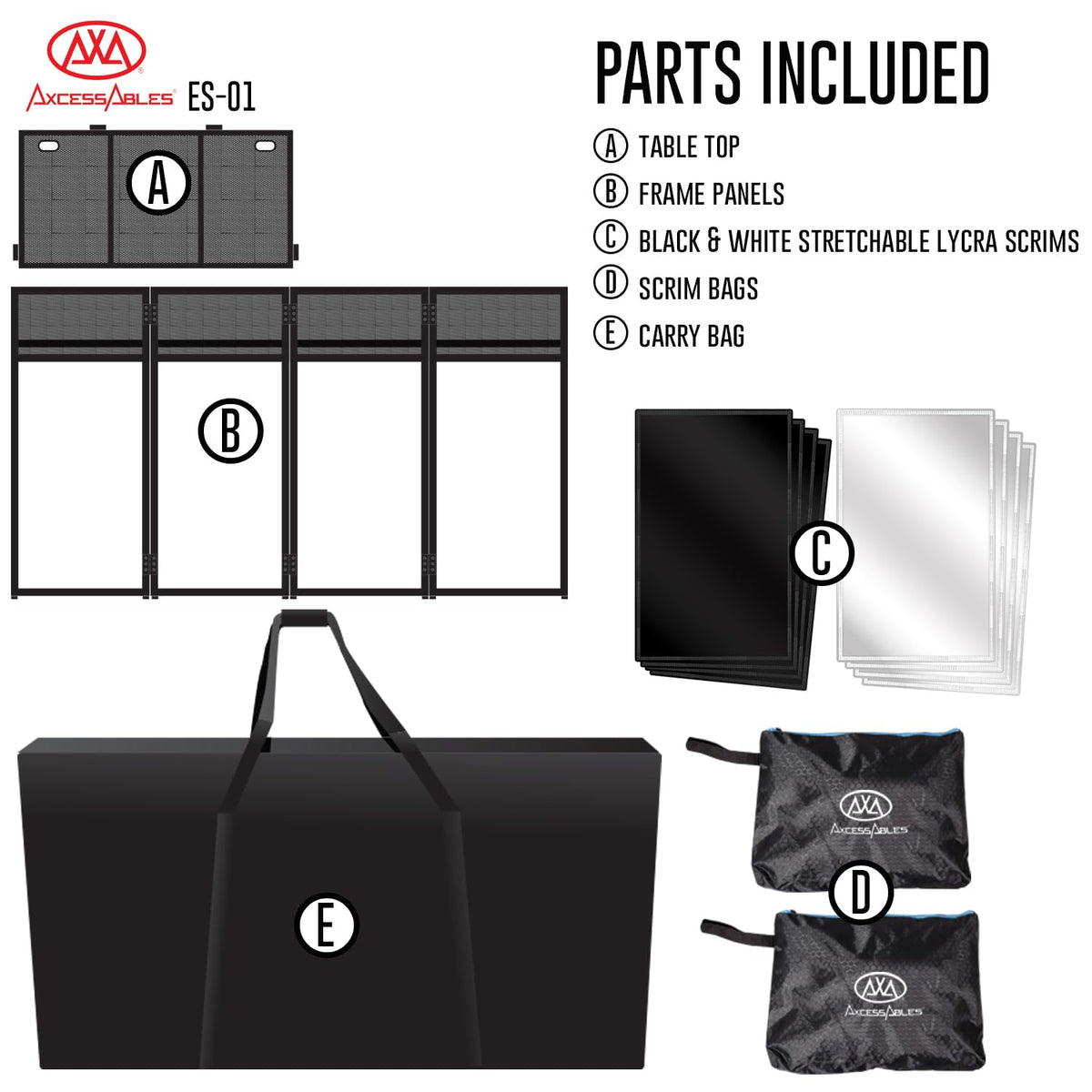 AxcessAbles Portable DJ Facade Booth with Black and White Lighting Scrims, Carry Cases | Standing DJ Table - 40" x 20" | DJ Controller Stand | Recording Mixer Stand | DJ Booth (ES-01)