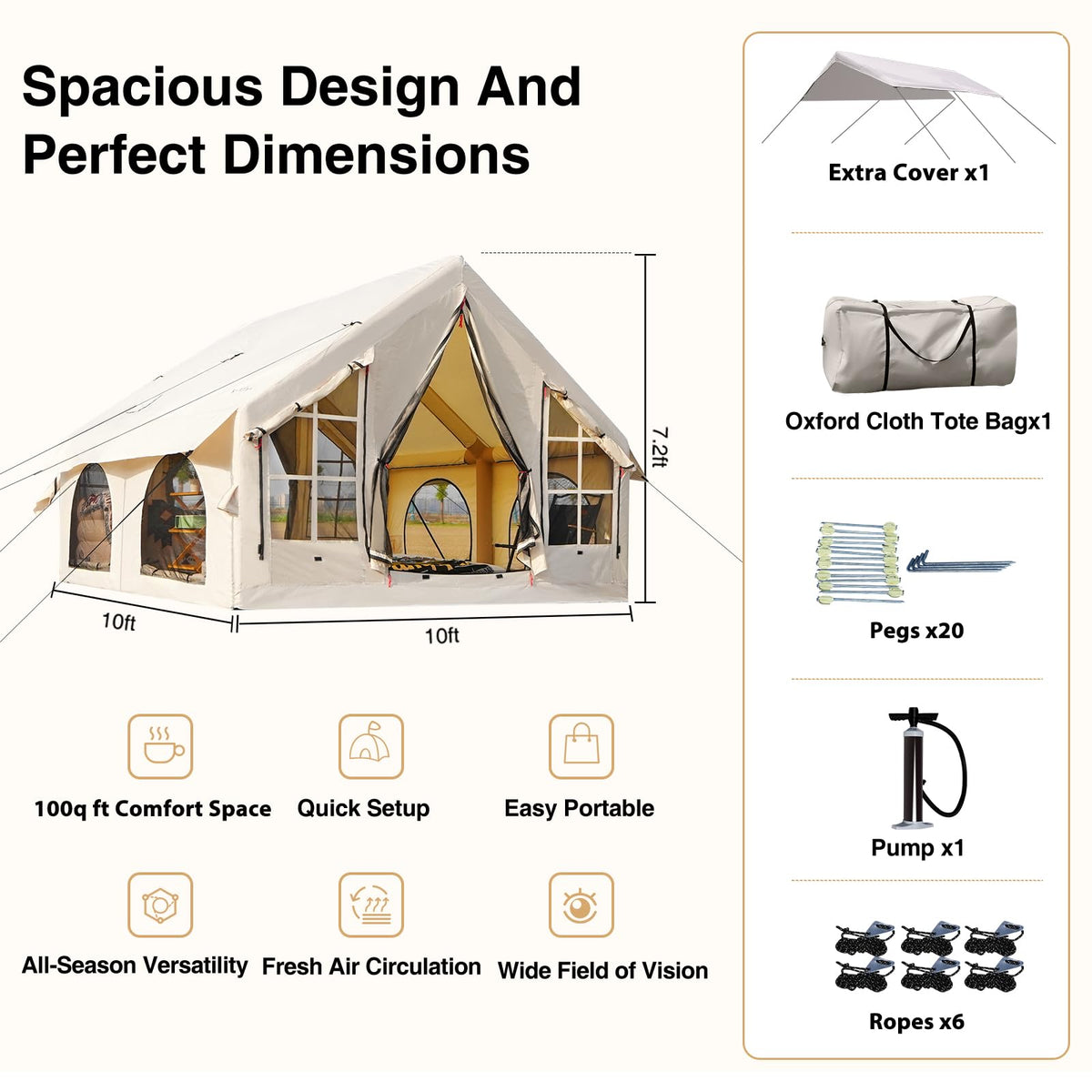 KNUO 2026 Upgraded Waterproof Inflatable Camping Tent for 5-8 People, Large Blow-Up Air Tent, No Assembly Needed Luxury Glamping House, 10x10ft Oxford Fabric, Beige