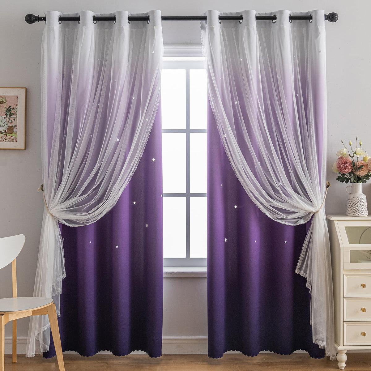 indistar Colourful Stripe Star Cut-Out Blackout Curtains for Bedroom,2 Layers Mix Design of Fabric & Tulle,Pretty Window Curtain for Kids Room 1 Panel (W52 x L72 Dark Purple)