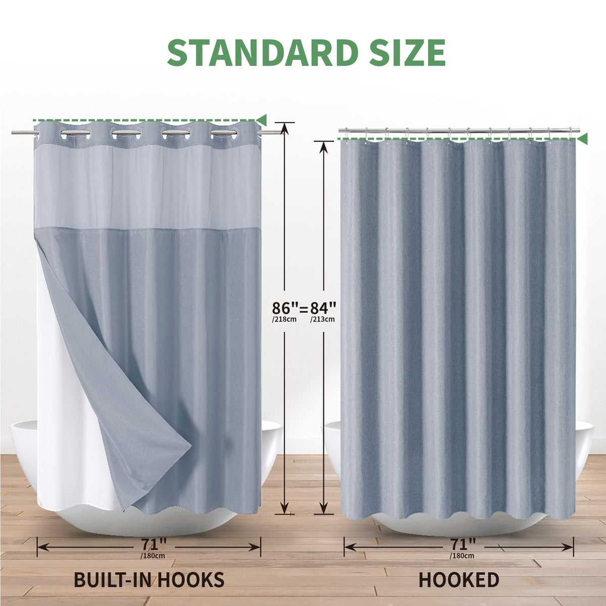 eachope Extra Long No Hook Shower Curtain with Snap-in Fabric Liner Set,Slub Textured Fabric Shower Curtains for Bathroom,Hotel Style Modern Shower Curtain,Water Repellent & Washable,71x86(84),Blue