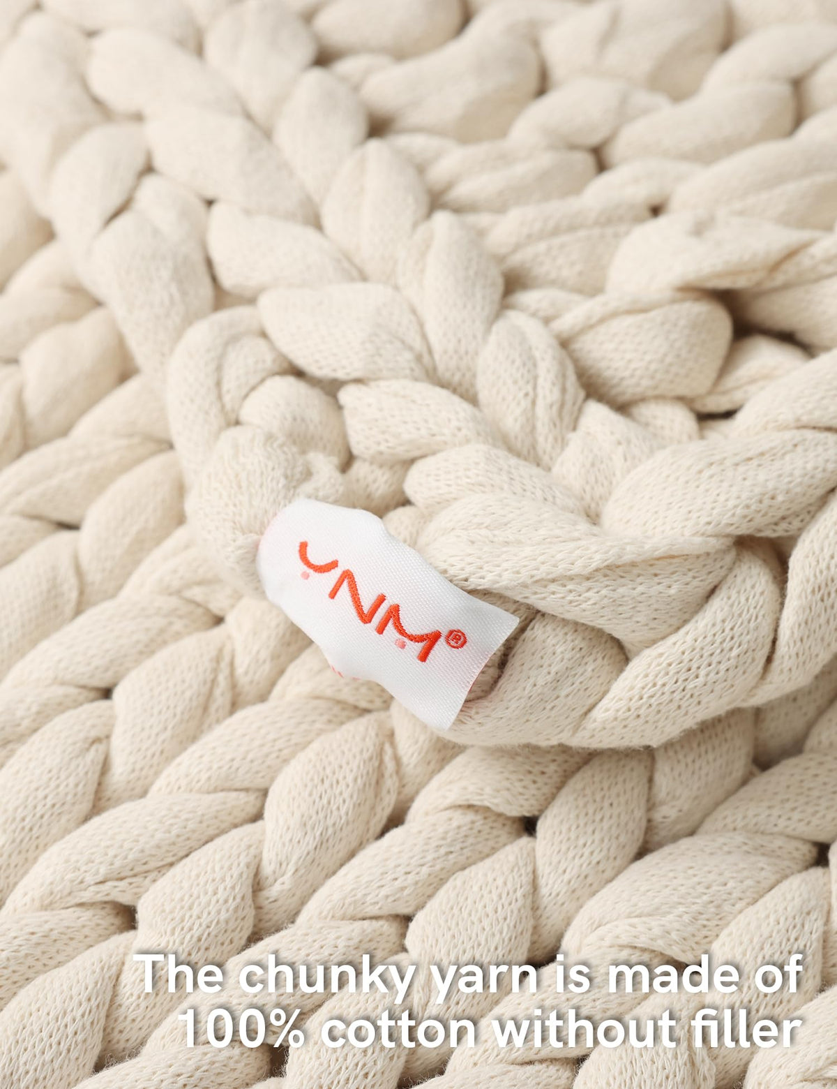 YnM Cotton Weighted Blanket, Handmade Chunky Knitted Design, Soft and Cozy, Temperature Regulating and Breathable, Machine Washable Throw for Sleep or Home Decor (Cream White, 43x50 Inch, 10lbs)