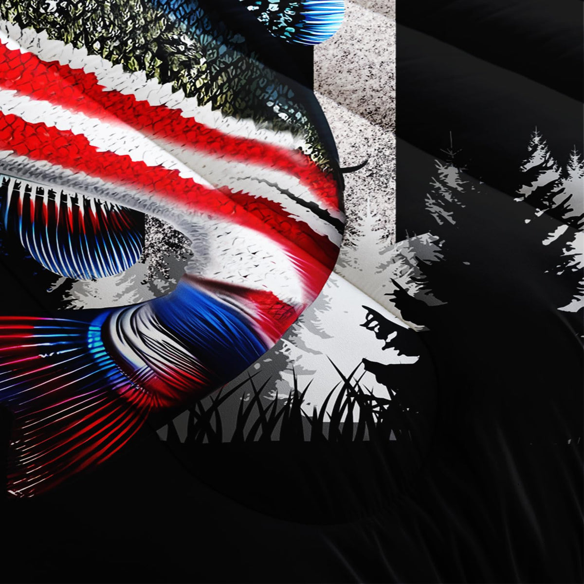 HOSIMA Soft Microfiber Black Full Size Comforter with 2 Pillowcases,American Flag Striped Bass Pattern Bedding Sets,Fishing Comforter Kids Men Boys Room Decor,Bed in a Bag Full Size for Teens.