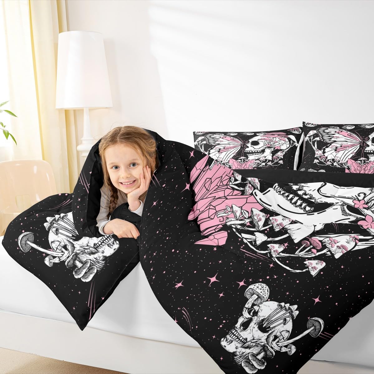 Butterfly Skull Comforter Set Queen Size Pink Mushroom Quilted Duvet Gothic Starry Galaxy Moon Bedding Set 3pcs for Kids Teens Girls Boys Bedroom Decor Trippy Plants Duvet Insert,2 Pillowcases