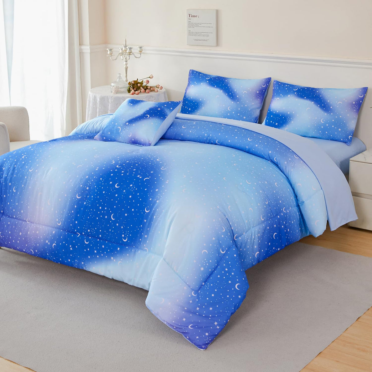 URBONUR Galaxy Blue Comforter Set Queen Size for Boys Girls Ombre Glitter Nebula Kids Teen Bedding Sets Light Blue Soft Lightweight 6Pcs Bed in A Bag Sets
