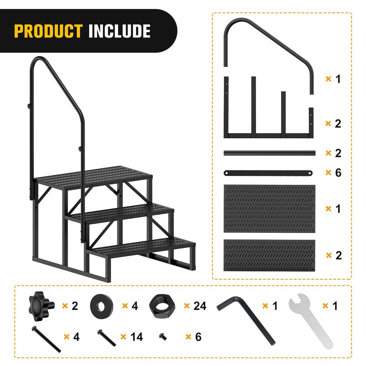 Nilight RV Steps with Handrail, 3 Steps Hot Tub Steps Outdoor RV Stairs Step Portable Mobile Motor Home Stairs for Camper Travel Trailers Dock Entry Steps 5th Wheel RV Porch with Anti-Slip Handrail