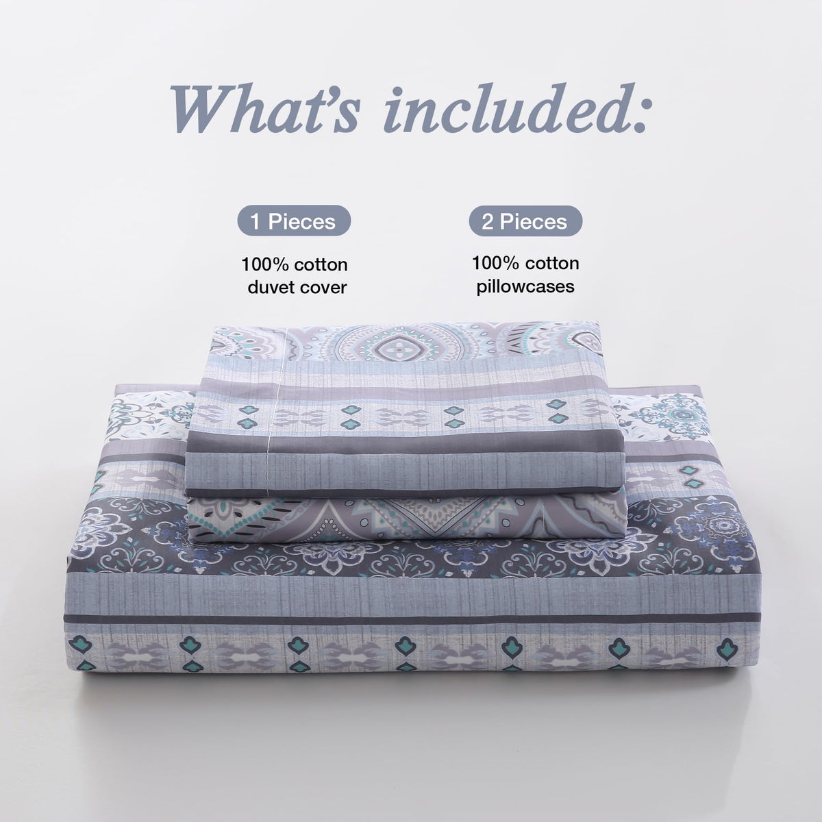 Ocharo Boho Duvet Cover King Size 100% Cotton,Reversible Duvet Cover Set with Bohemian Floral Striped Printed,Soft 3 Pieces Paisley Pattern Duvet Bedding Cover Set with 2 Pillow Shams,Grey Purple