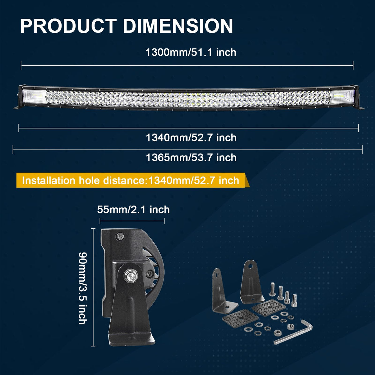 SKYWORLD 52" Curved Off Road LED Light Bar, 675W Triple Row Flood/Spot Combo Beam with 2 Magnetic Mounts & Wiring Harness Kit - 12V/24V for Trucks, SUVs, UTV, ATV, Tractors, Trailers, 6000K White
