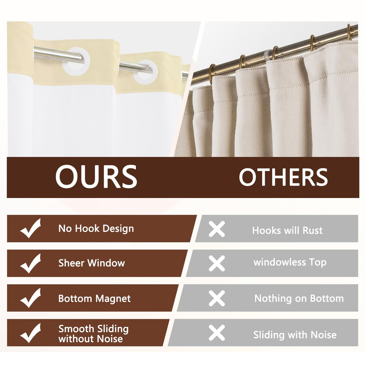 NAEMBCU No Hook Shower Curtain with Snap-in Liner, Sunset Silhouette Black Birds Design with Mesh Top Window, Waterproof Double Layer Nature Bathroom Decor, 71 x 74 Inch