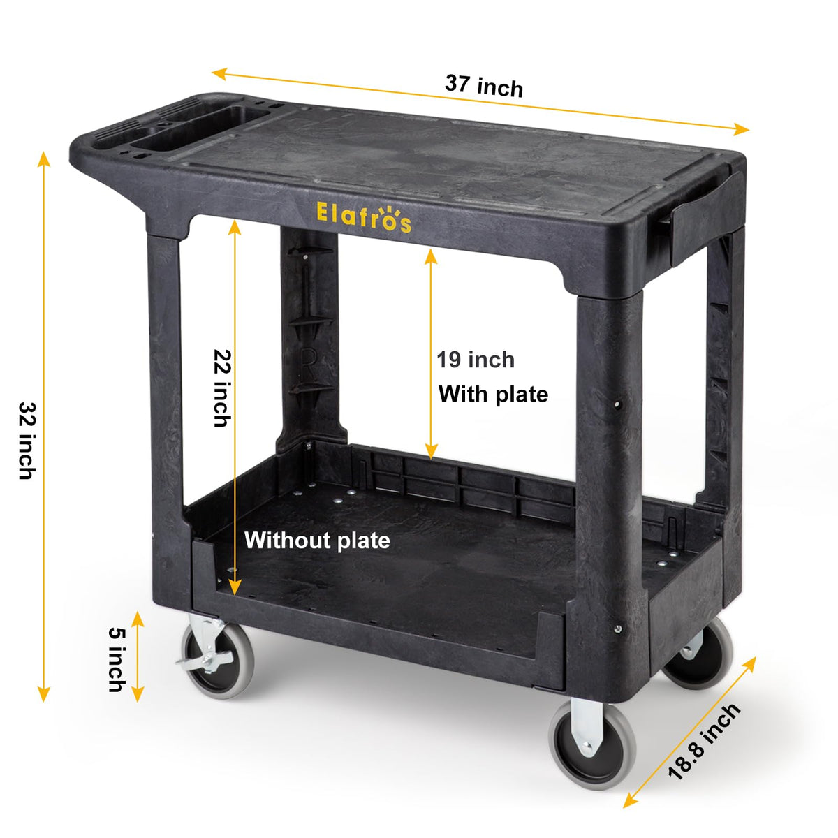ELAFROS Heavy Duty Plastic Utility Cart Flat top 37 x 18.8 Inch - Work Cart Flat Shelves and 2 Fixed 2 Swivel Wheels Safely Holds up to 550 lbs - 2 Tier Service Cart for Warehouse,Garage, Black