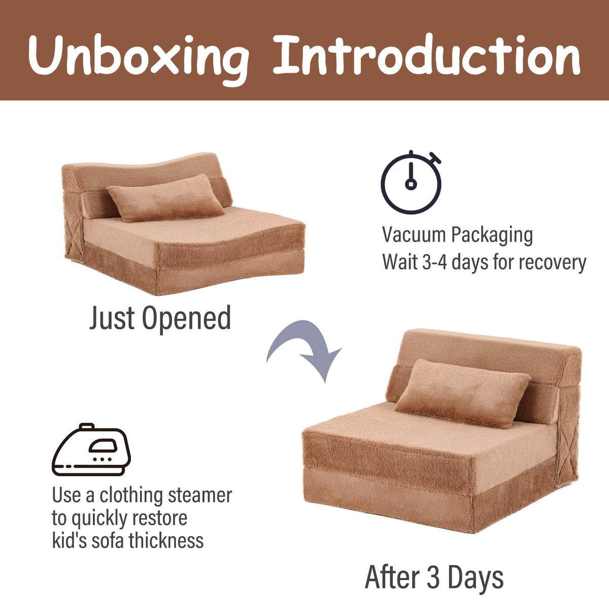 Tiita Convertible Folding Kids Sofa Bed with Pillow & Storage Bag, Plush Fabric Floor Mattress Couch Bed, Washable Cover, Kids Room, Playroom, Dorm, Apartment, Brown