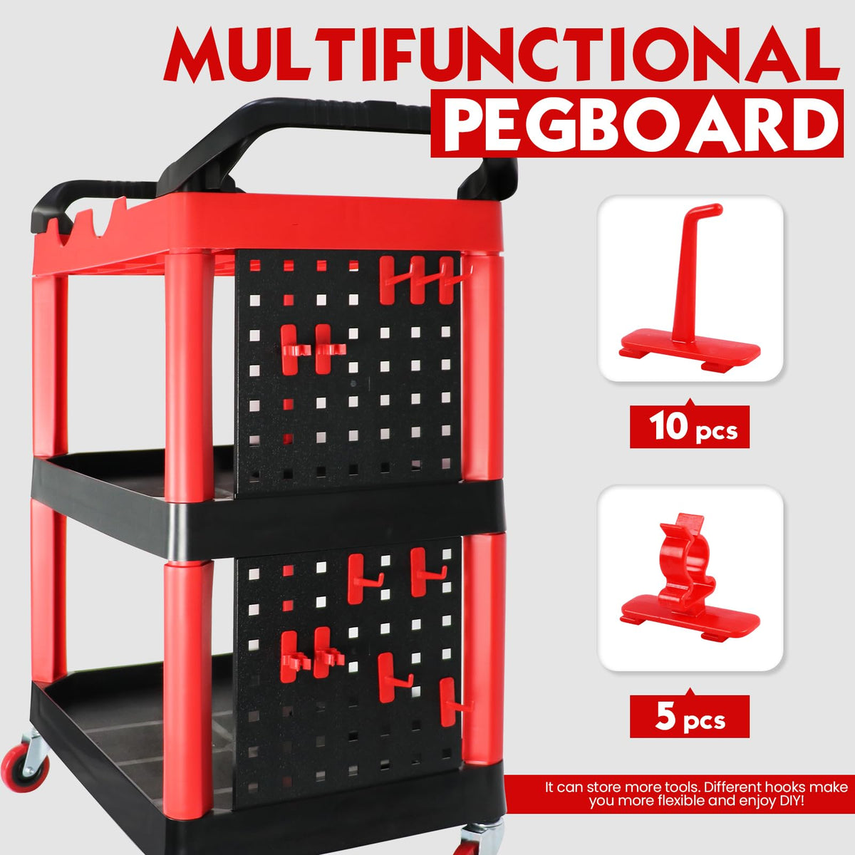 ALL4DETAIL Auto Detailing Cart with Wheels, 3 Tier Car Detailing Cart with Hanging Boards & Hooks, Car Wash Organizer for Garage Workshop DIY Home