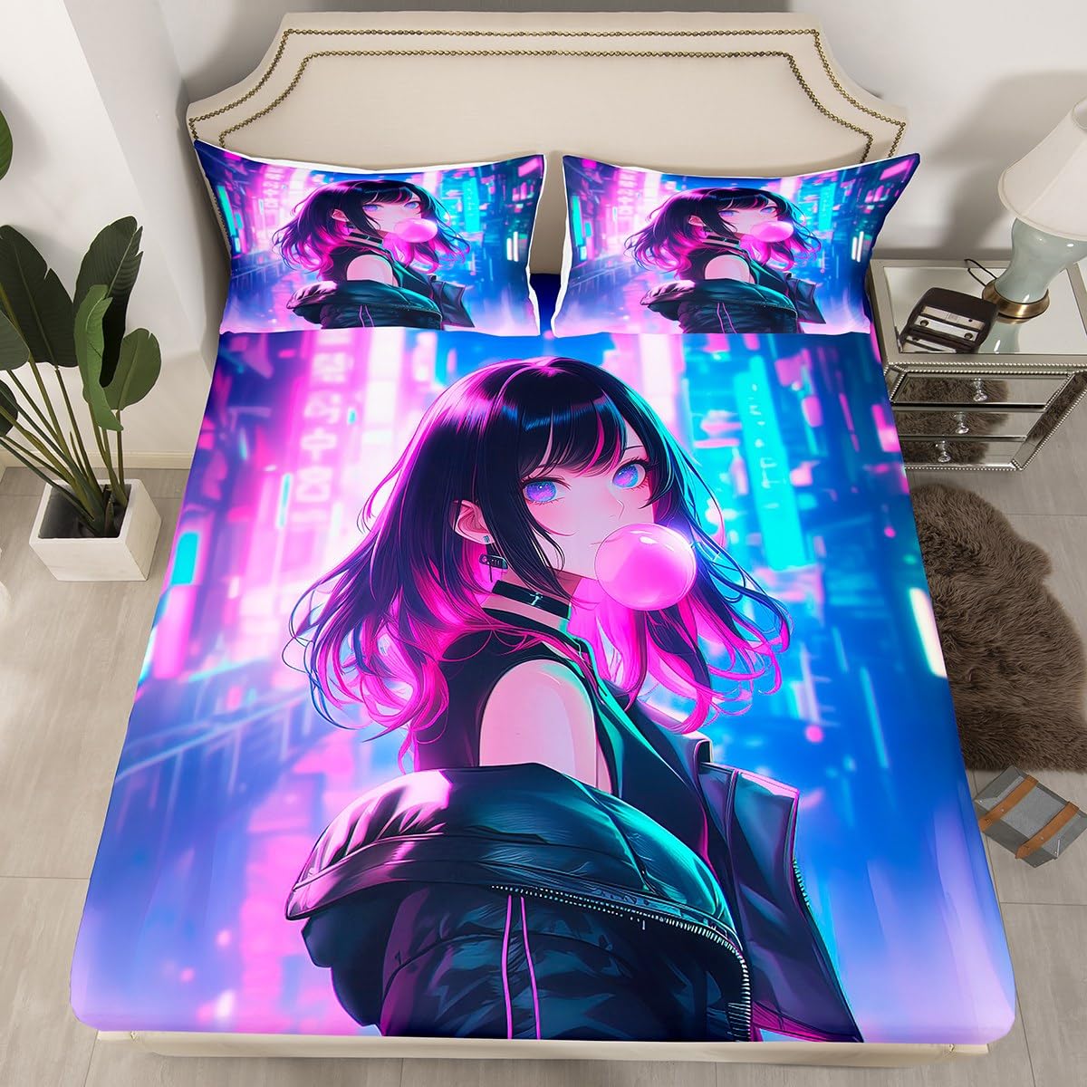 Erosebridal Anime Girl Fitted Sheet Top Twin Size, Kawaii Japanese Anime Sheet Set for Kids Boys Teens Adult Women, Cartoon Girl Bed Sheets Japan Animation Bedroom Decor, Machine Washable