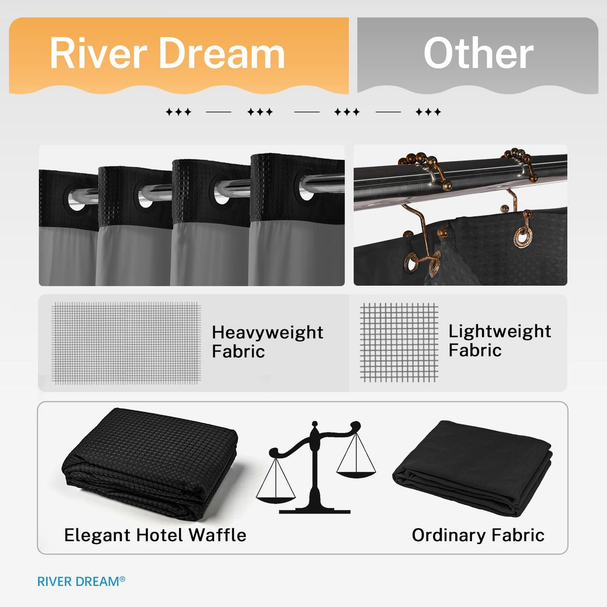 River Dream Black Shower Curain No Hooks Dotted Waffle Weave Shower Curtain with Snap in Liner - 71W x 74H,Hotel Grade,Spa Like Bath Curtain Set