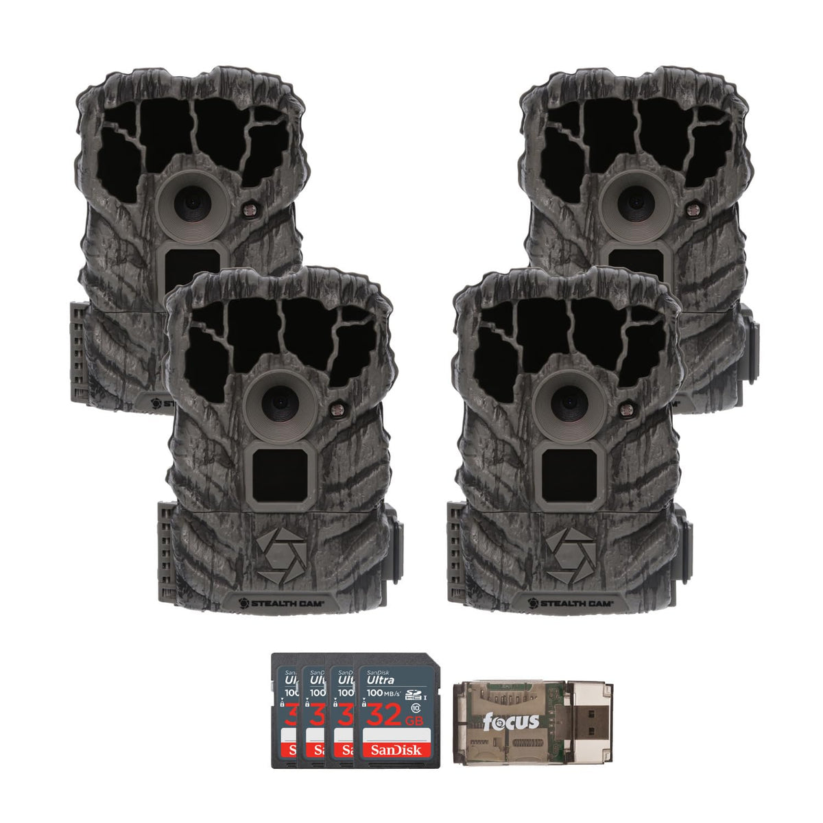 Stealth Cam Browtine 14MP Trail Camera (4-Pack) Bundle with 32GB Memory Card (4-Pack) and Card Reader (9 Items)
