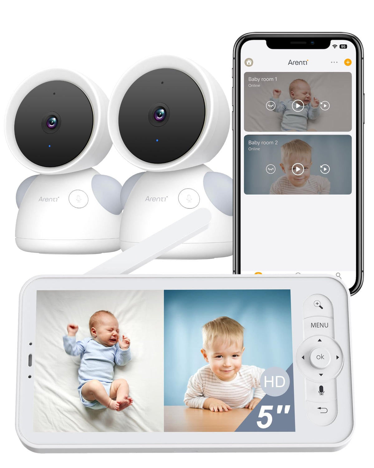 ARENTI Baby Monitor with 2 Cameras, 2K/3MP WiFi 6 Camera and Audio, 5-inch Wireless Screen, Smartphone App, Super Night Vision, Crying Detection, Auto Tracking, Temp&Humidity Sensor (D3 Set)