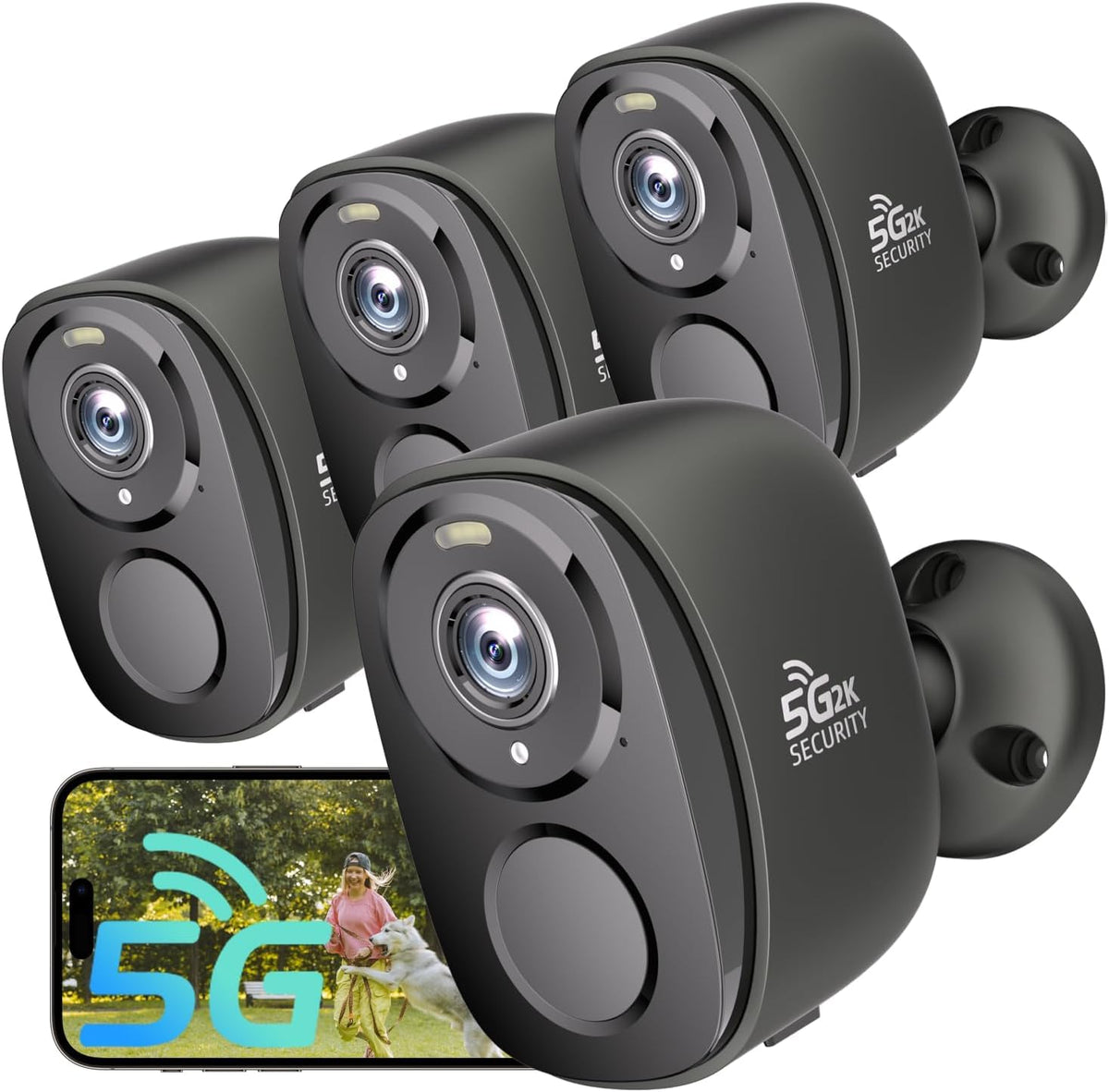 4Pack 5G/2.4G WiFi Security Cameras, 2K Security Cameras Wireless Outdoor Battery Powered with AI Motion Detection Siren Alarm, Color Night Vision, 2-Way Talk, IP65 Waterproof, Works w/Alexa, Cloud/SD