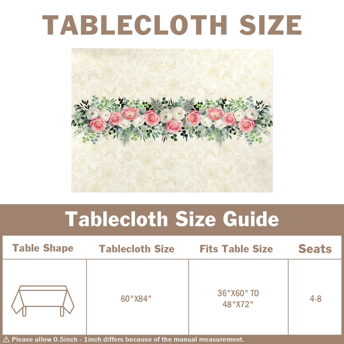 Kwlegh Spring Summer Tablecloth 60x84 Inch Rectangular Pink White Rose Flower Table Cover Green Eucalyptus Leaves Reusable Washable Tablecloths for Dining Decor Party Picnic Indoor Outdoor