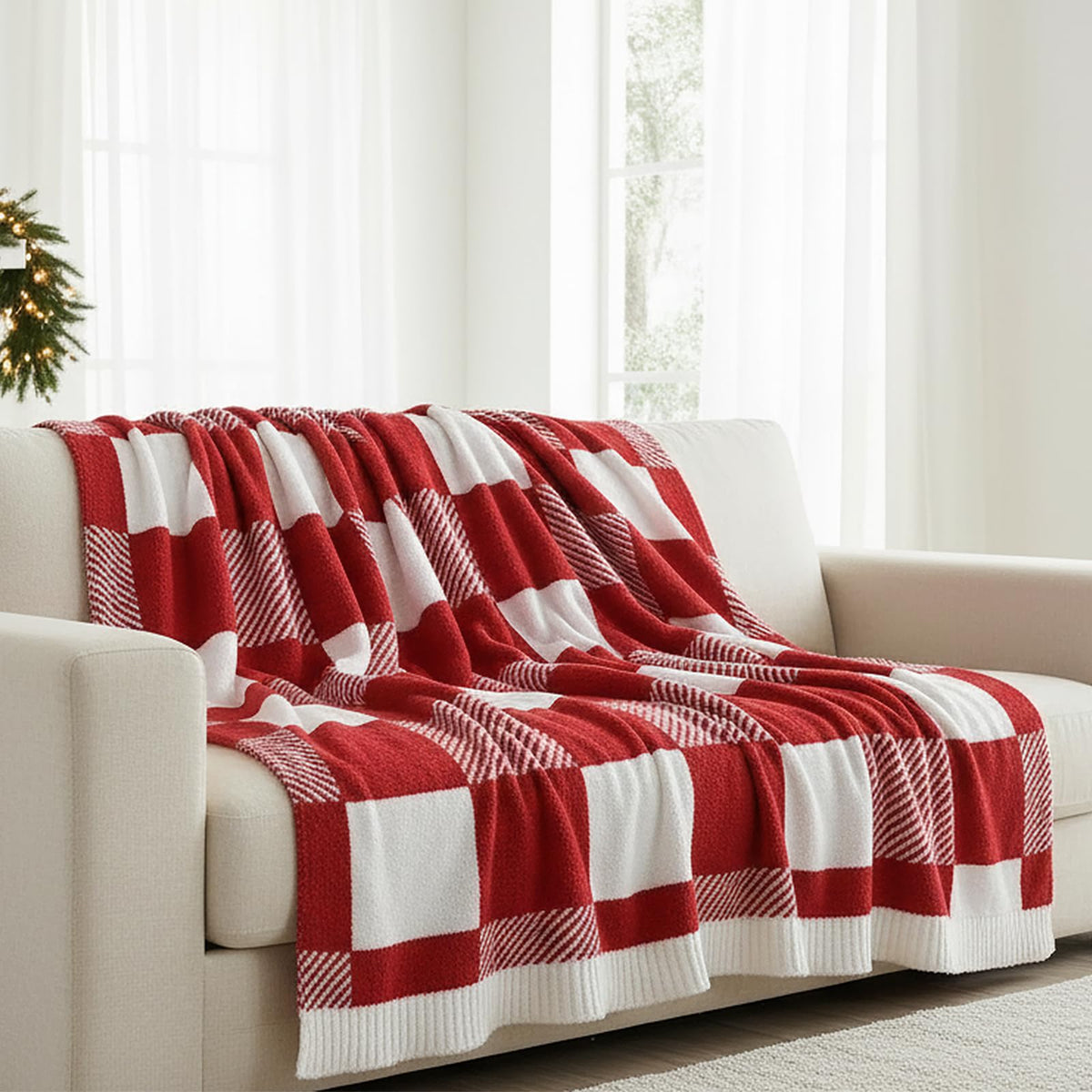 MACEVIA Knit Fuzzy Throw Blanket for Couch 50" x 60" (Checkered Red White)