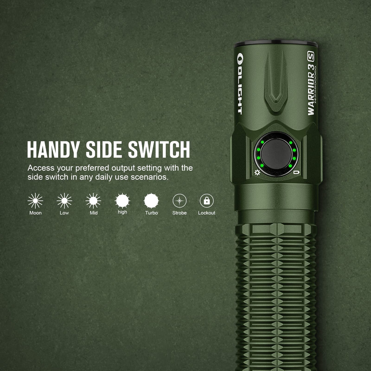 OLIGHT Warrior 3S 2300 Lumens Rechargeable Tactical Flashlight, Compact Dual-Switches LED Bright Light with Proximity Sensor, Powered by Customized Battery for Emergency and Searching (OD Green)