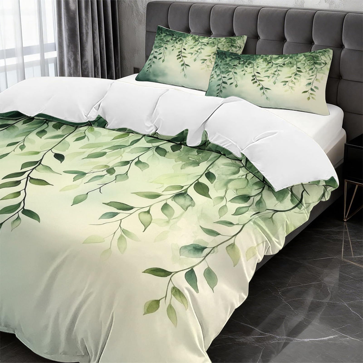 TEERRLLTW Floral Botanical Boho Flower Designed Duvet Cover Set, 3 Piece Soft Bedding Set (1 Duvet Cover and 2 Pillowcases), Floral Comforter Cover Set (Greenery Willow Leaves, Full (80" x 90"))