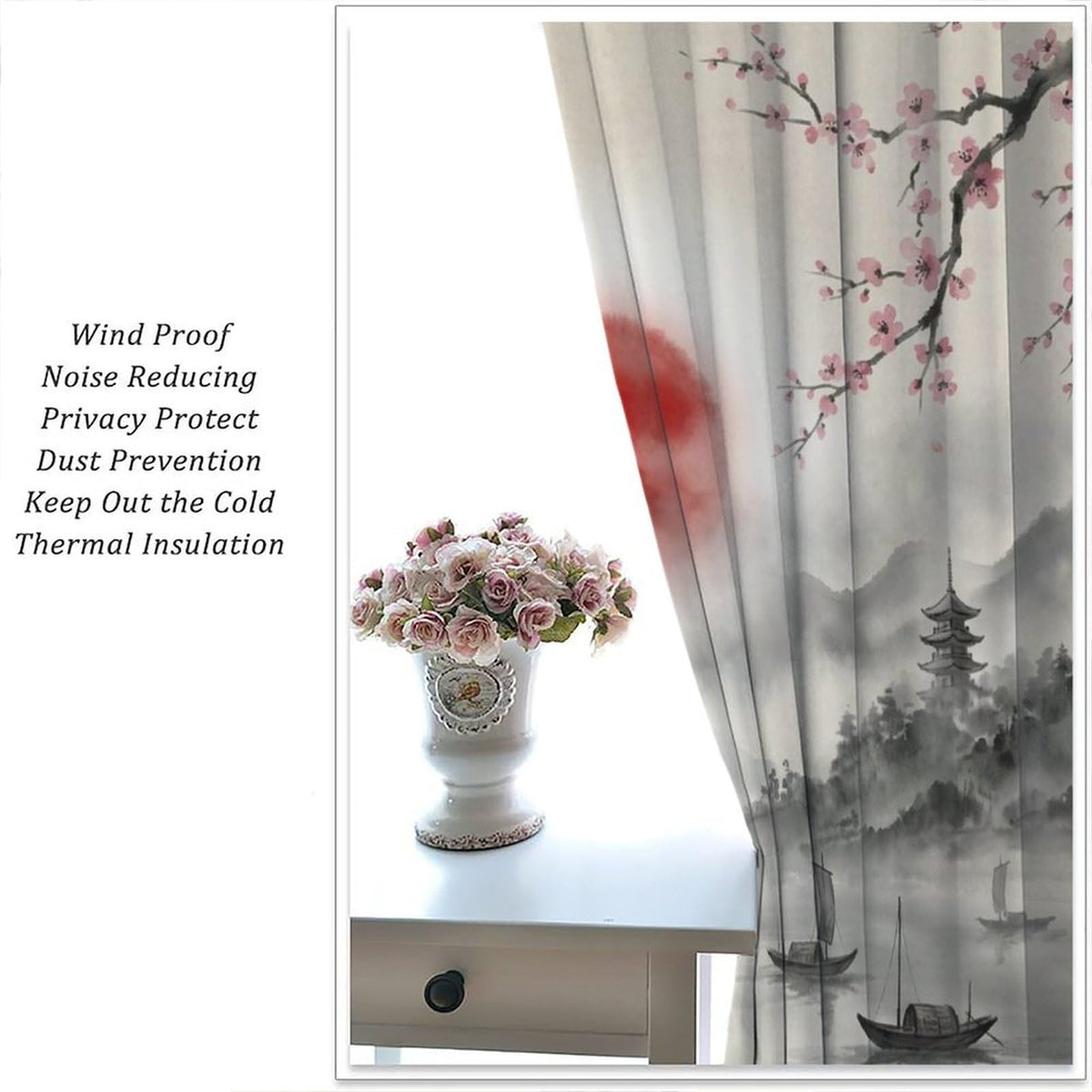 Nsbul Japanese Samurai Curtains, Ink Wash Cherry Blossom Misty Mountain Pagoda Lake Boat Oriental Window Drapes for Bedroom Living Room Home Decor, 42" W X 45" L（No Blackout