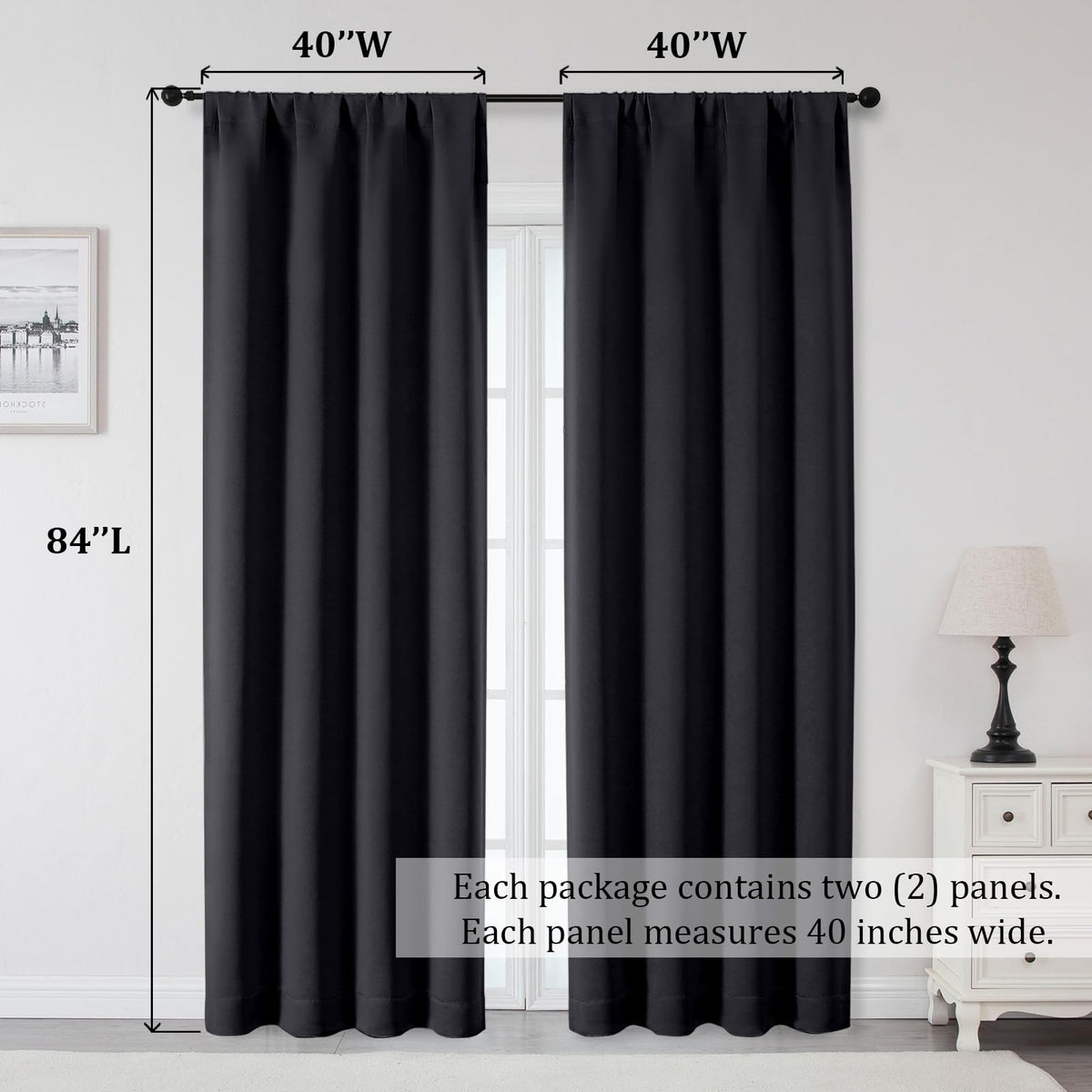 OWENIE Sally Blackout Curtains 84 Inches Long 2 Panels Set for Bedroom Living Room, Solid Thermal Insulated Privacy Room Darkening Window Treatment Drapes, 2 Pcs Each W40 x L84 Inch, Black
