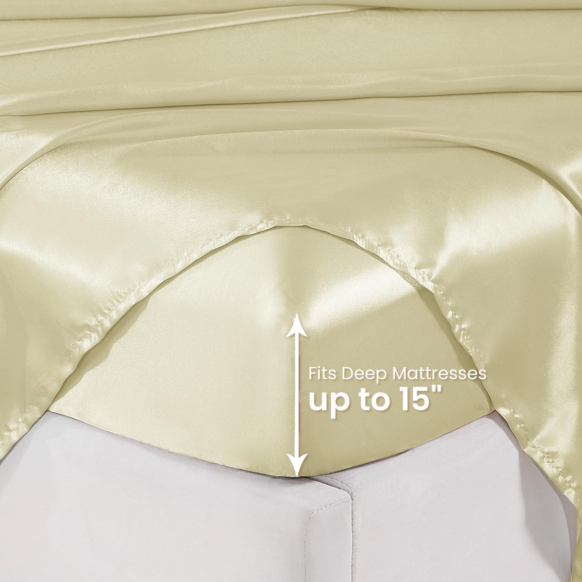 lasoftan Silk Satin King Sheets Set, Silky Fitted Bed Sheets with 15" Deep Pocket & Non-Slip Corner Straps, Luxury Hotel Satin Sheets King Size, Champagne Summer Cooling Sheets & Pillowcase Set