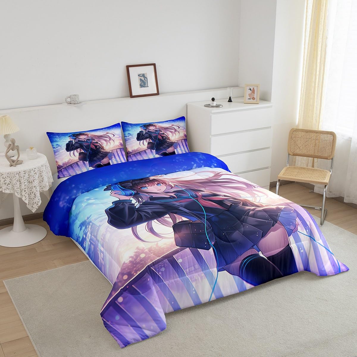 Erosebridal Anime Girl Bedding Set Twin Size, Japanese Anime Comforter Set for Kids Boys Teens Bedroom Decor, Cartoon Girl Duvet Insert Kawaii Japanese Animation Quilt with 1 Pillow Case