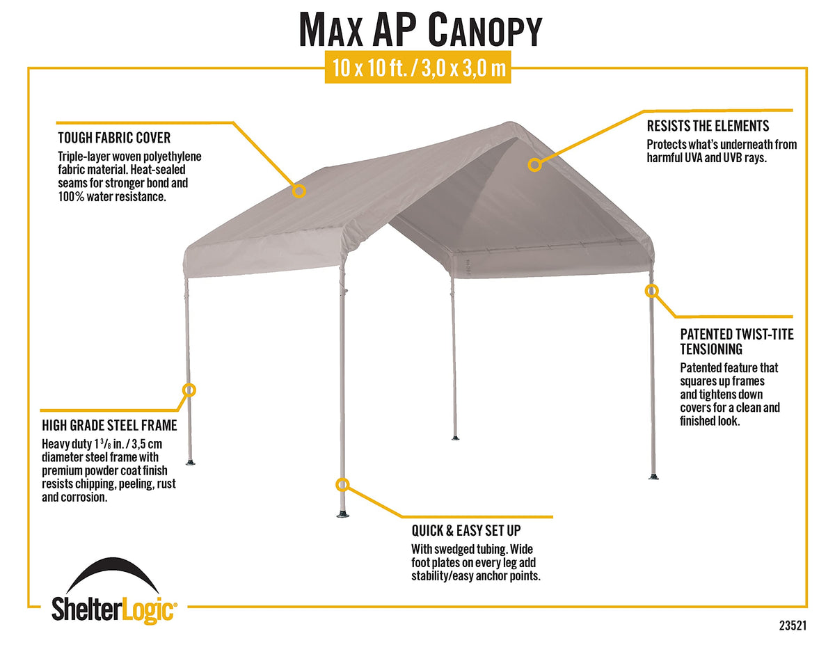 ShelterLogic 10' x 10' MaxAP Canopy Series Compact Outdoor Easy to Assemble Steel Metal Frame Canopy with 50+ UPF Sun Protection and Waterproof Cover, White, 23521