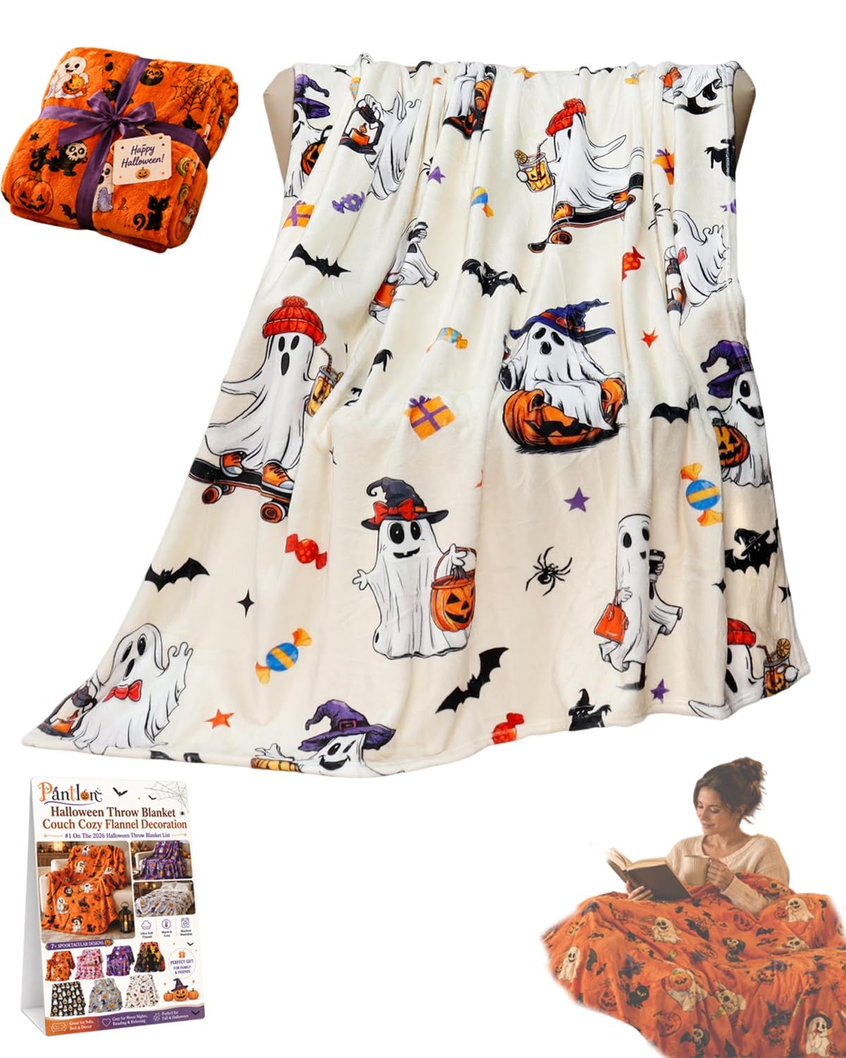 Halloween Throw Blanket Couch Cozy Flannel Decoration for Party Bed Soft Flannel Ghost Blanket Halloween Harvest Gifts Horror Ghost Bat Pumpkin(Model8,60x80in)