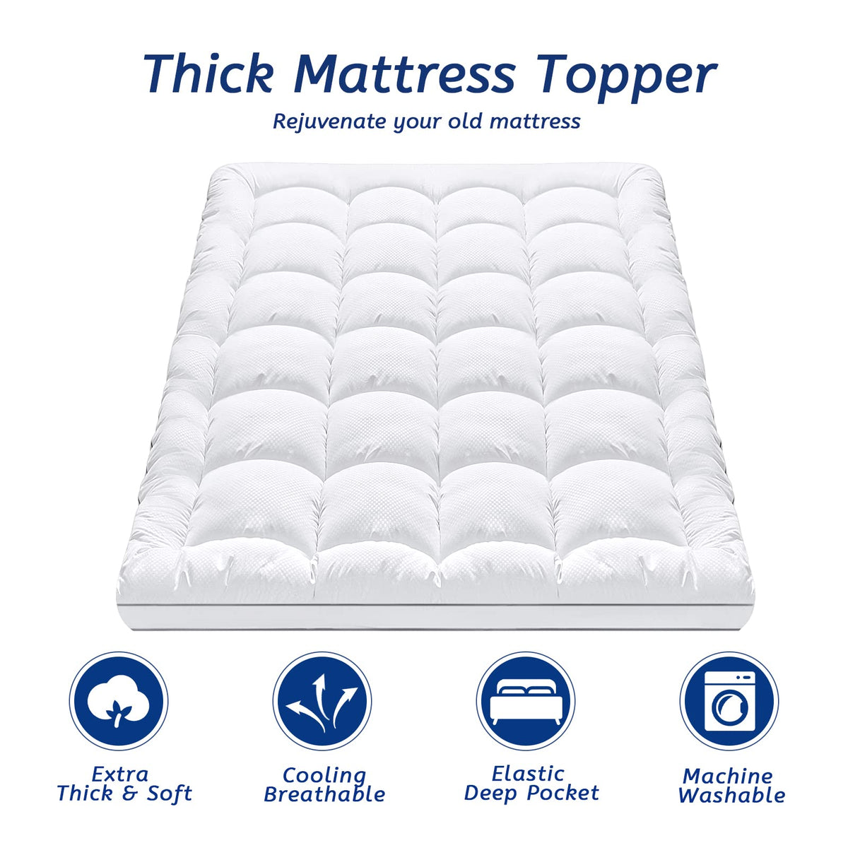 Full Size Mattress Topper for Back Pain, Cooling Extra Thick Mattress Pad Cover with 8-21 inch Deep Pocket, Plush Pillow Top Mattress Topper Overfilled with Down Alternative, Full Size, White