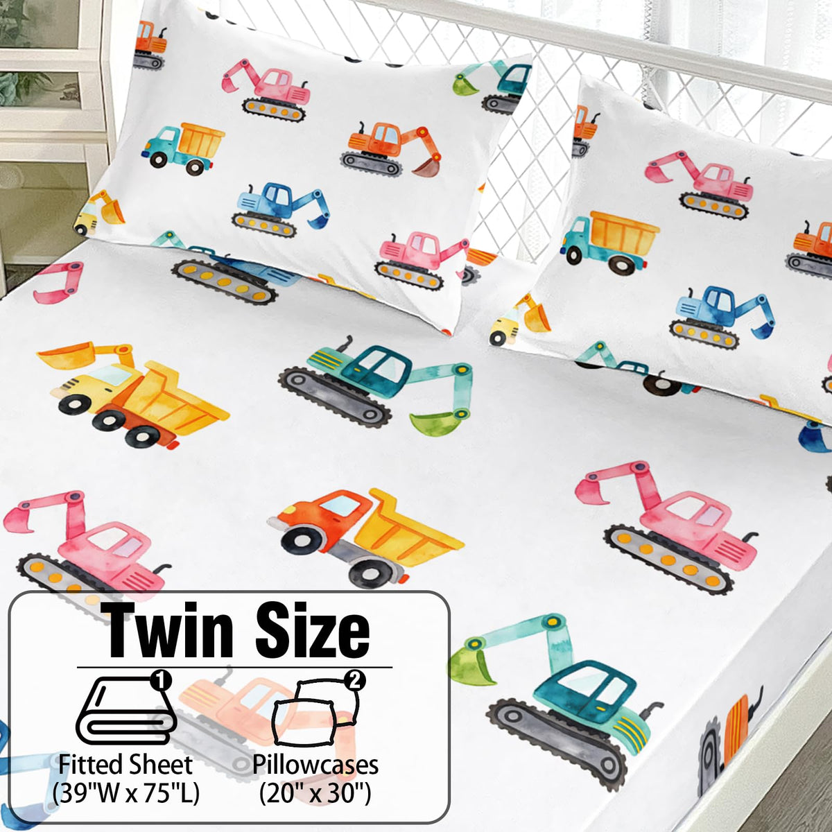 AILONEN Watercolor Construction Truck Twin Fitted Sheet Set 3 Piece,Excavator Digger Bedding with 2 Pillowcases,Boys Nursery Vehicle Linens,16 Inch Deep Pocket Microfiber