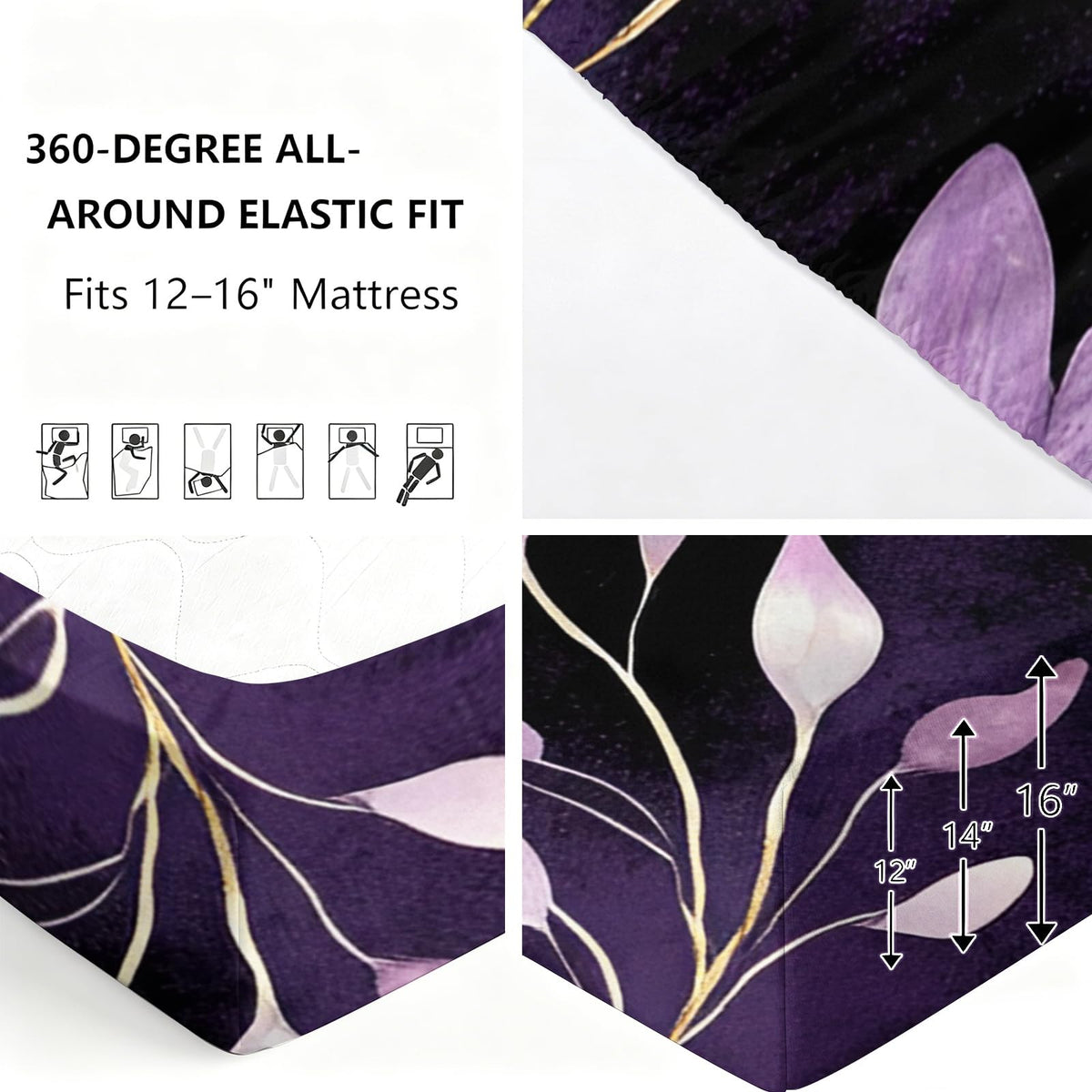 ZAOMIR Purple Butterfly Sheet Set King for Girls, Animal Floral Bed Sheets Set 4Pcs Elegant Flower Leaves Bedding Sheet Sets (Fitted & Flat Sheet+2 Pillowcases)