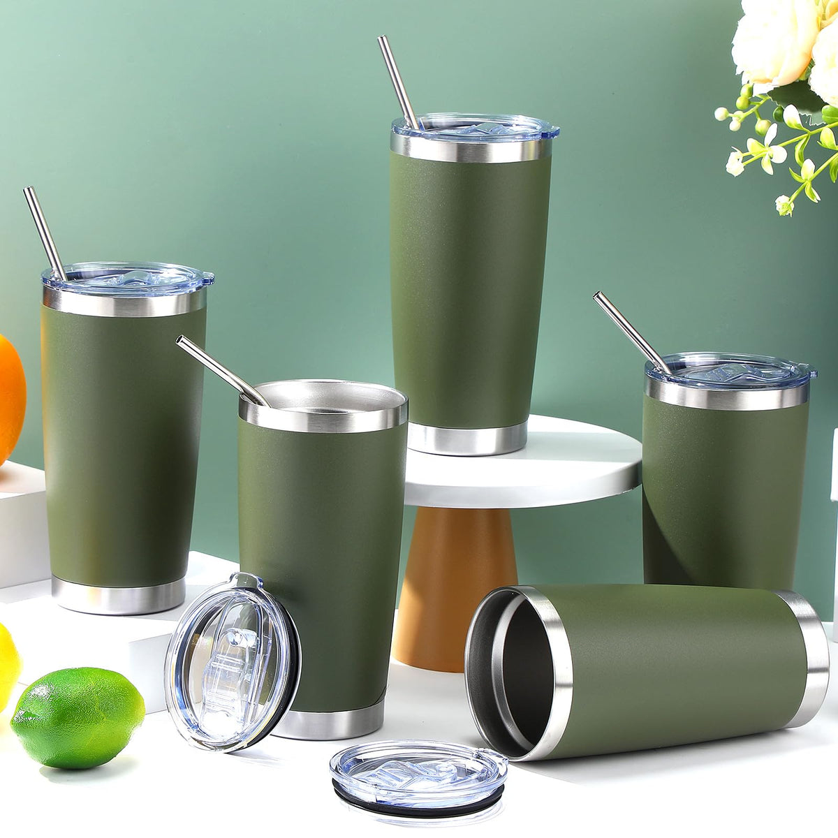 Sieral 25 Pack 20oz Tumbler Bulk Stainless Steel Cups Double Wall Vacuum Insulated Travel Mug Bulk Durable Tumblers with Lid and Straw Powder Coated Coffee Cups (Army Green)
