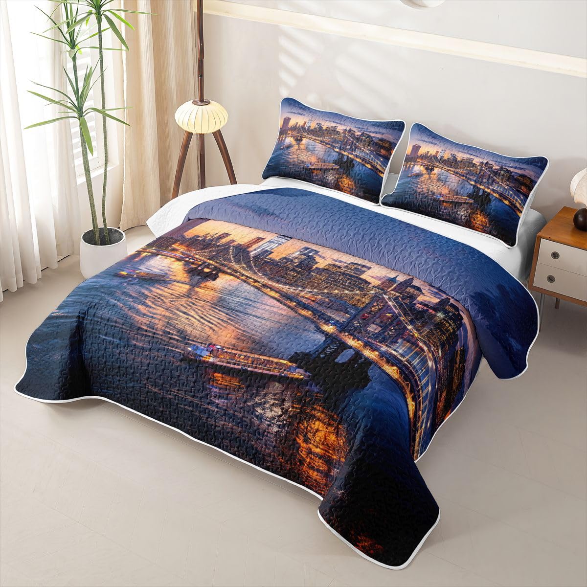 Erosebridal New York City Queen Quilt Bedding Set Cityscape Quilted Comforter Manhattan Skyline Bridge Bedspread Coverlet Sunset Scenery Quilted Blanket for Hot Sleepers Room Decor for Teen Girls