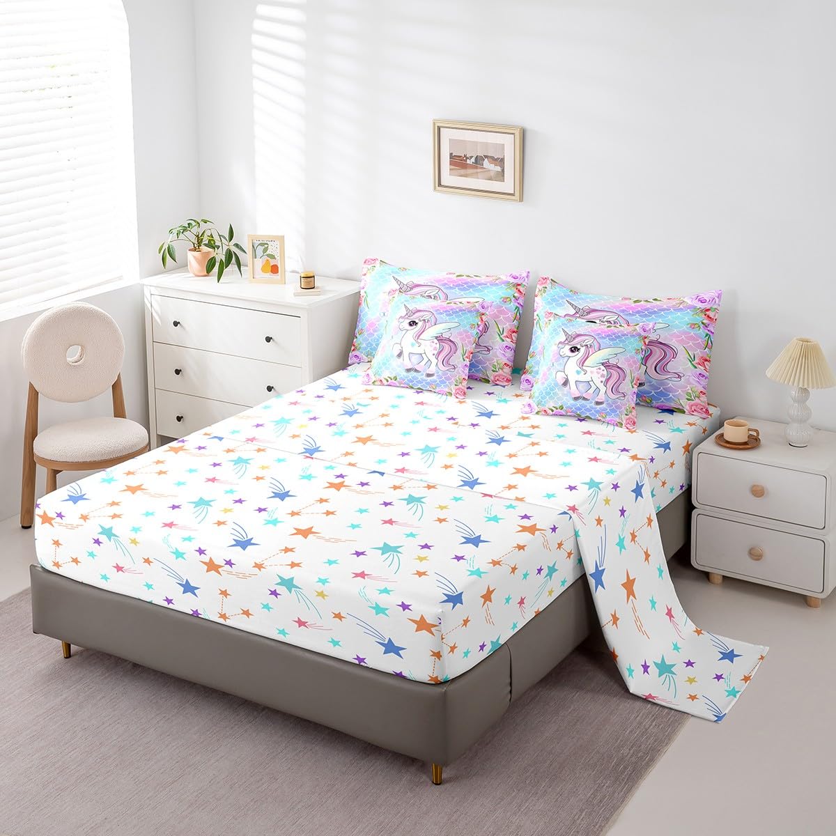 Cute Unicorn 7Pcs Comforter Set Full Size,Mermaid Scales Bedding Sets for Kids Girls Boys,Pink Purple Flower Bed in a Bag Dreamy Animals Fitted Sheet Flat Sheet,2 Throw Pillow 2 Pillowcases