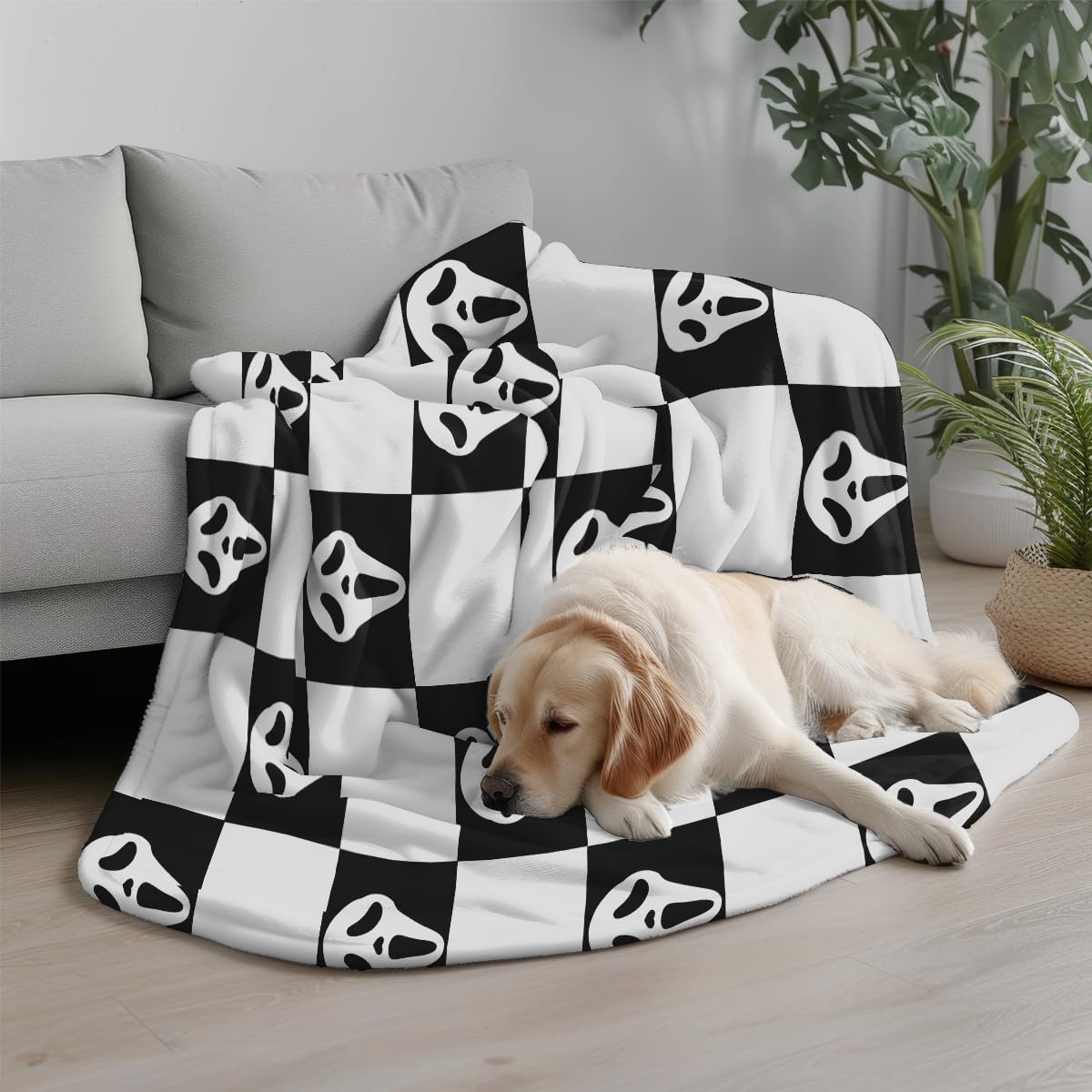 YWZDS Spooky Face Throw Blanket, Black and White Checkered Pattern, Halloween Ghost Blankets Fuzzy Gifts for Sofa Couch Bedroom (50 * 60 inch)