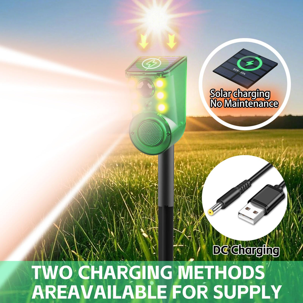 Solar Outdoor Motion Sensor Alarm - Ultrasound & Alarms 130db Motion Detector Loud Noise Maker,Strobe Light,for Home, Villa,Yard,Chicken coop,Farm,Barn.4 Work Modes.Say Goodbye to The Intruders 4Pack