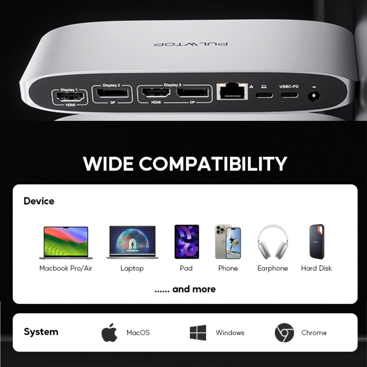 PULWTOP Displaylink Docking Station, Triple Display DisplayLink Dock for MacBook M1/M2/M3 Windows, 4K@60Hz Laptop Docking Station with 2 HDMI, 2 Display Port, PD, USB C Data, 4 USBA, Ethernet, Audio