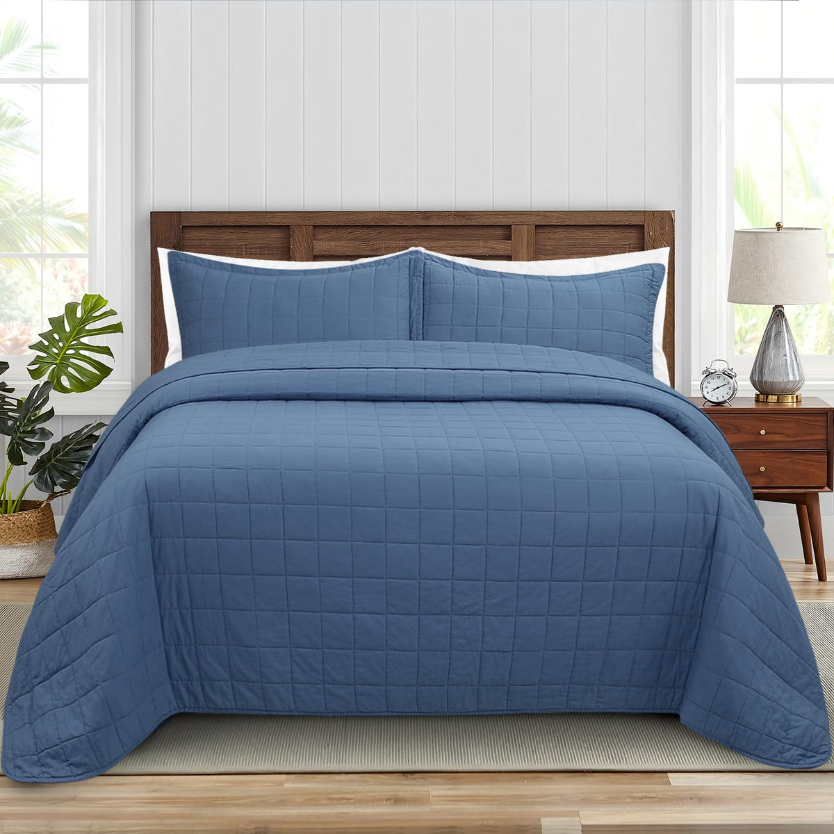 FFQSS Quilt Queen Size Bedding Sets - 100% Cotton Lightweight Luxury Comforter Set, Full Size Stitching Bedspreads Coverlet with 2 Pillowcase Suit for All Season, Blue