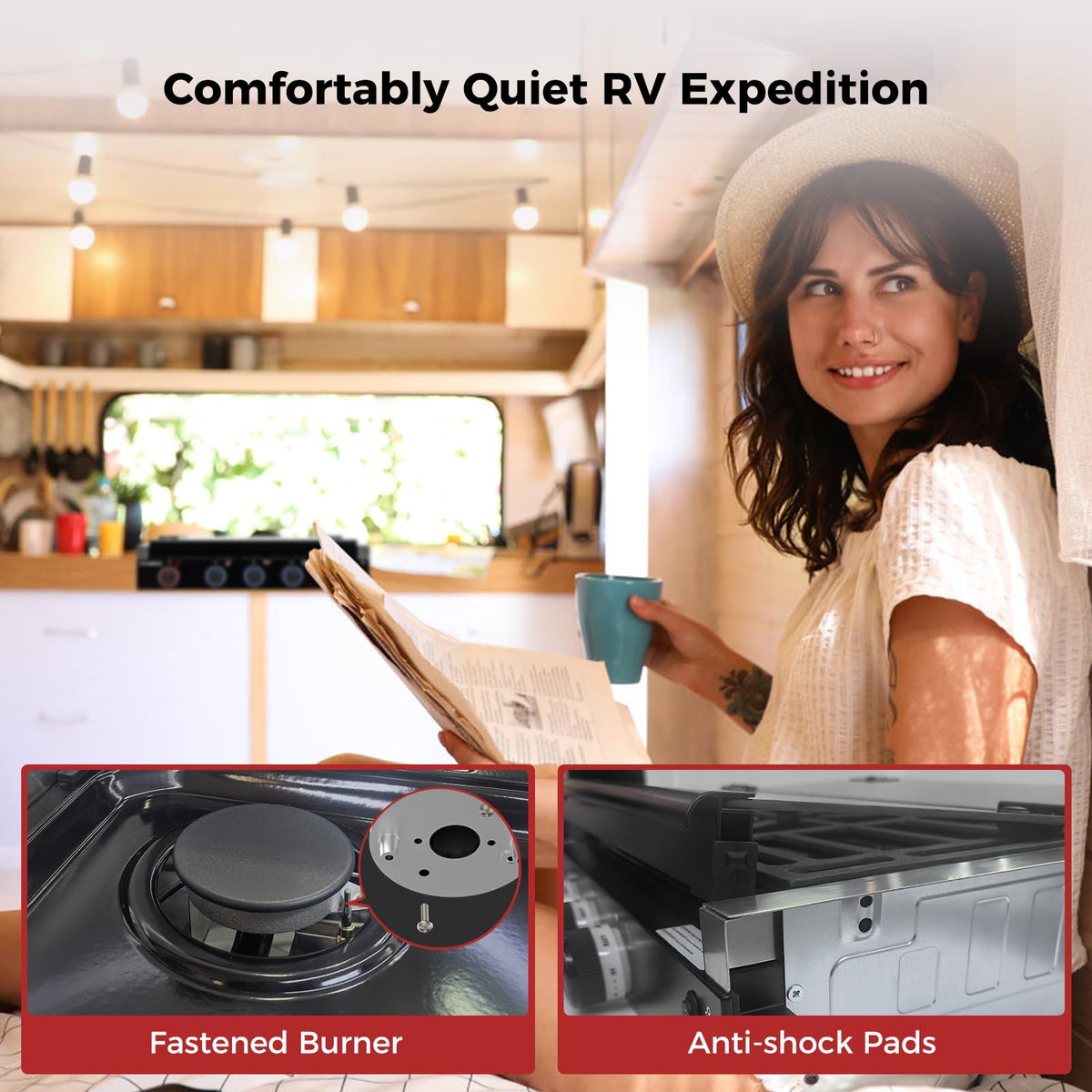 CAMPLUX Elite RV Stove 3 Burners, 21,000 BTU Propane Cooktop with Tempered Glass Cover & Flame Failure Protection, 21-Inch Slide-In Gas Rangetop for RVs, Campers, Motorhomes, and Boats, Black