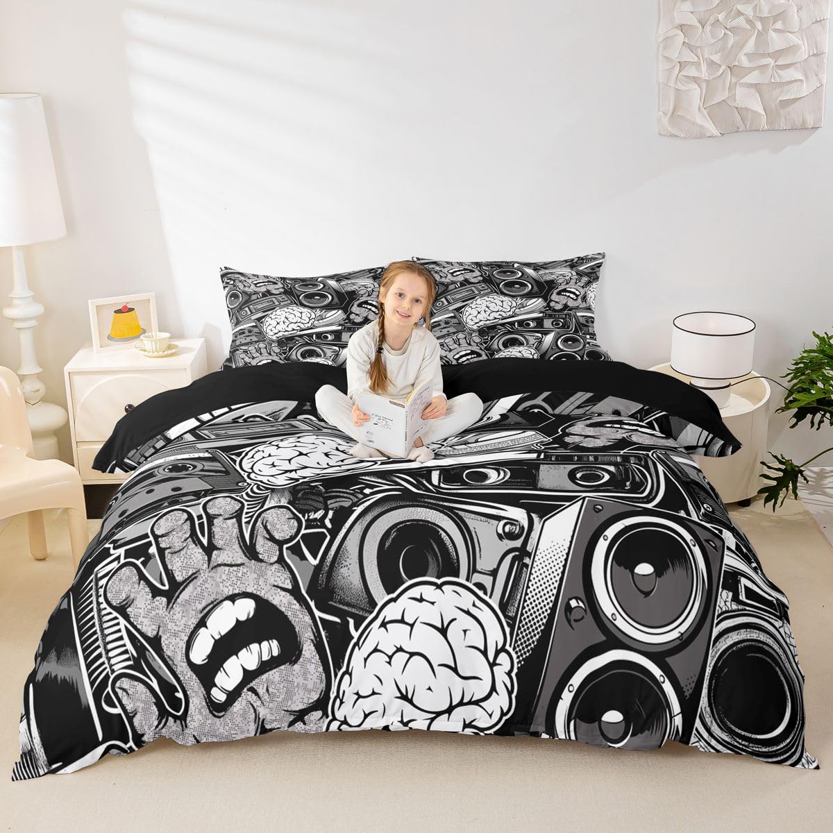 Feelyou Graffiti Bedding Set for Teens Boys Full Rock Music Theme Duvet Cover Set Hip Hop Comforter Cover Set Kids Teenage Street Art Quilt Cover Hippie Room Decor Bedding with 2 Pillow Shams (3Pcs)