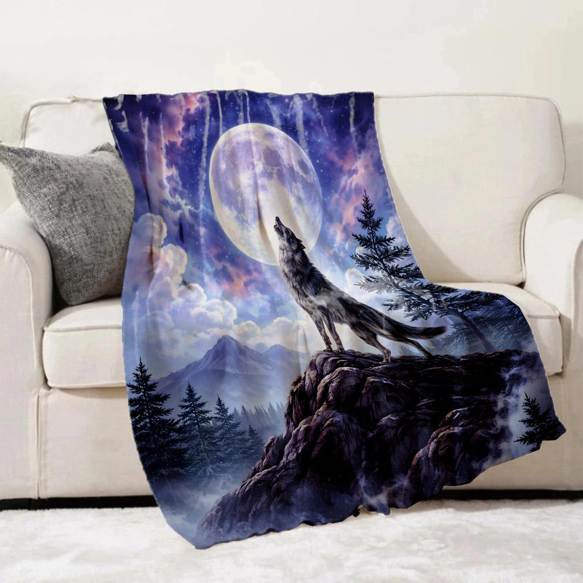 Turamurra Wolf Moon Throw Blanket Gifts for Kids Women, Howling Wolf Full Moon Night Forest Mountain Blankets for Home, Living Room, Bedroom Decor, Flannel Plush 50"x60"